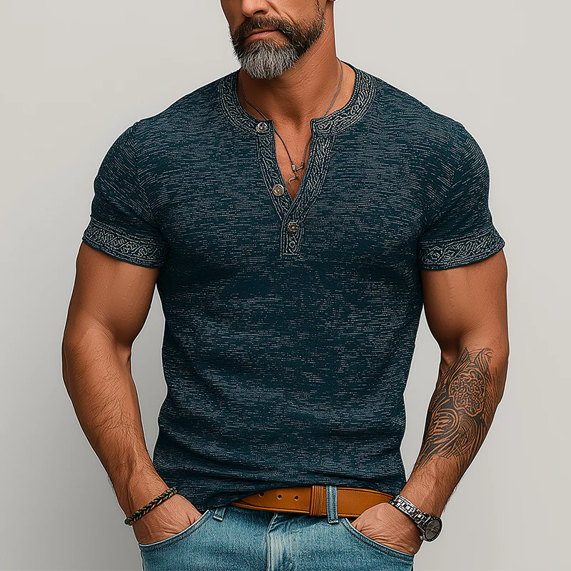 Zane | Men'S Summer Fashion Retro Printed Polyester Blended Short Sleeve Henley Shirt - Image 2